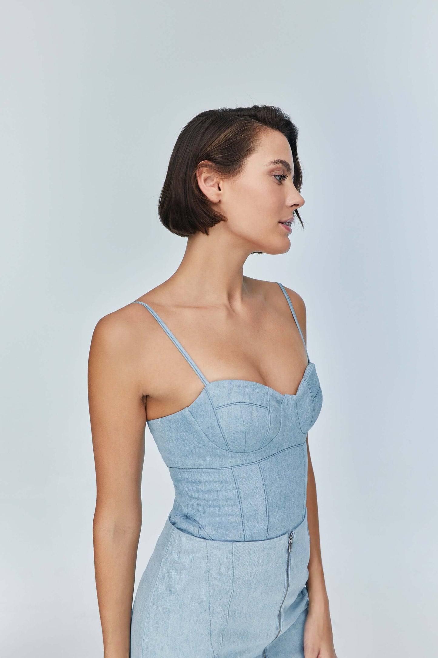 JENDUE Marvel Bodysuit Denim Top -Light Wash & Bustier Style