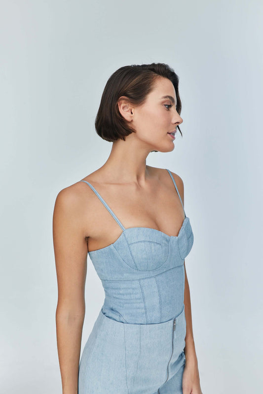 JENDUE Marvel Bodysuit Denim Top -Light Wash & Bustier Style