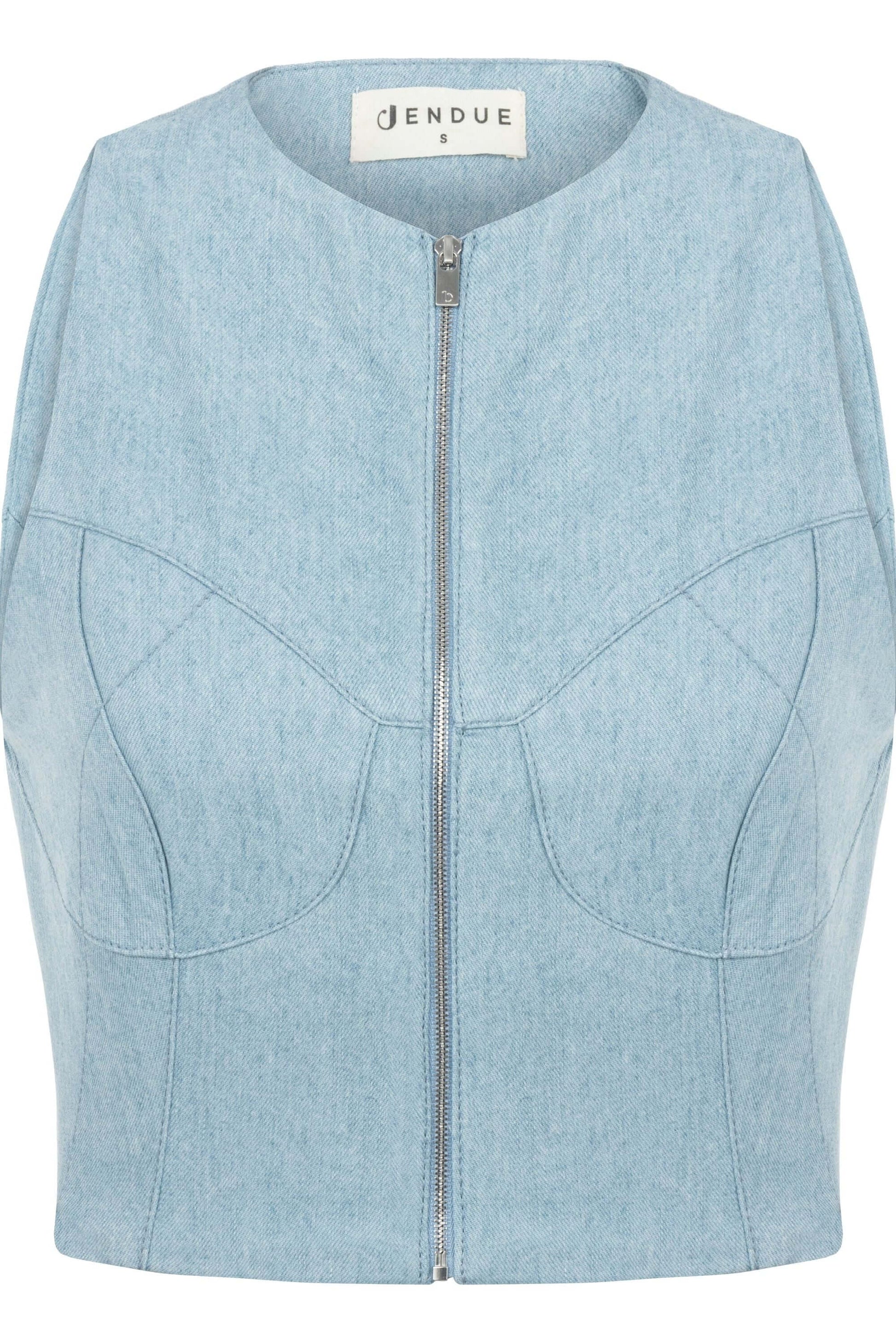 JENDUE Marvel Denim Top - Light Blue Zip-Up Bustier