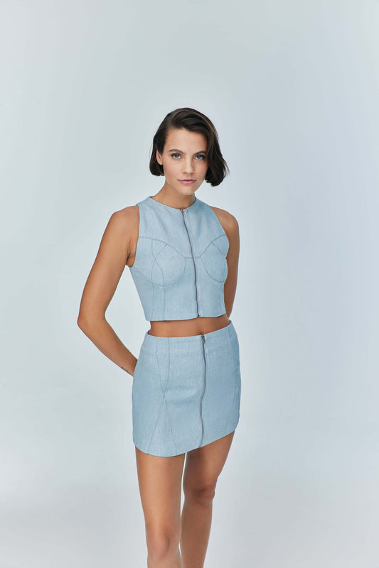 JENDUE Marvel Denim Top - Light Blue Zip-Up Bustier