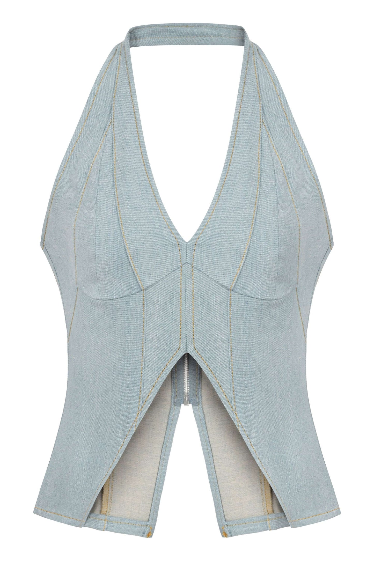 JENDUE Monte Corset Denim Top - Light Blue Halter Style