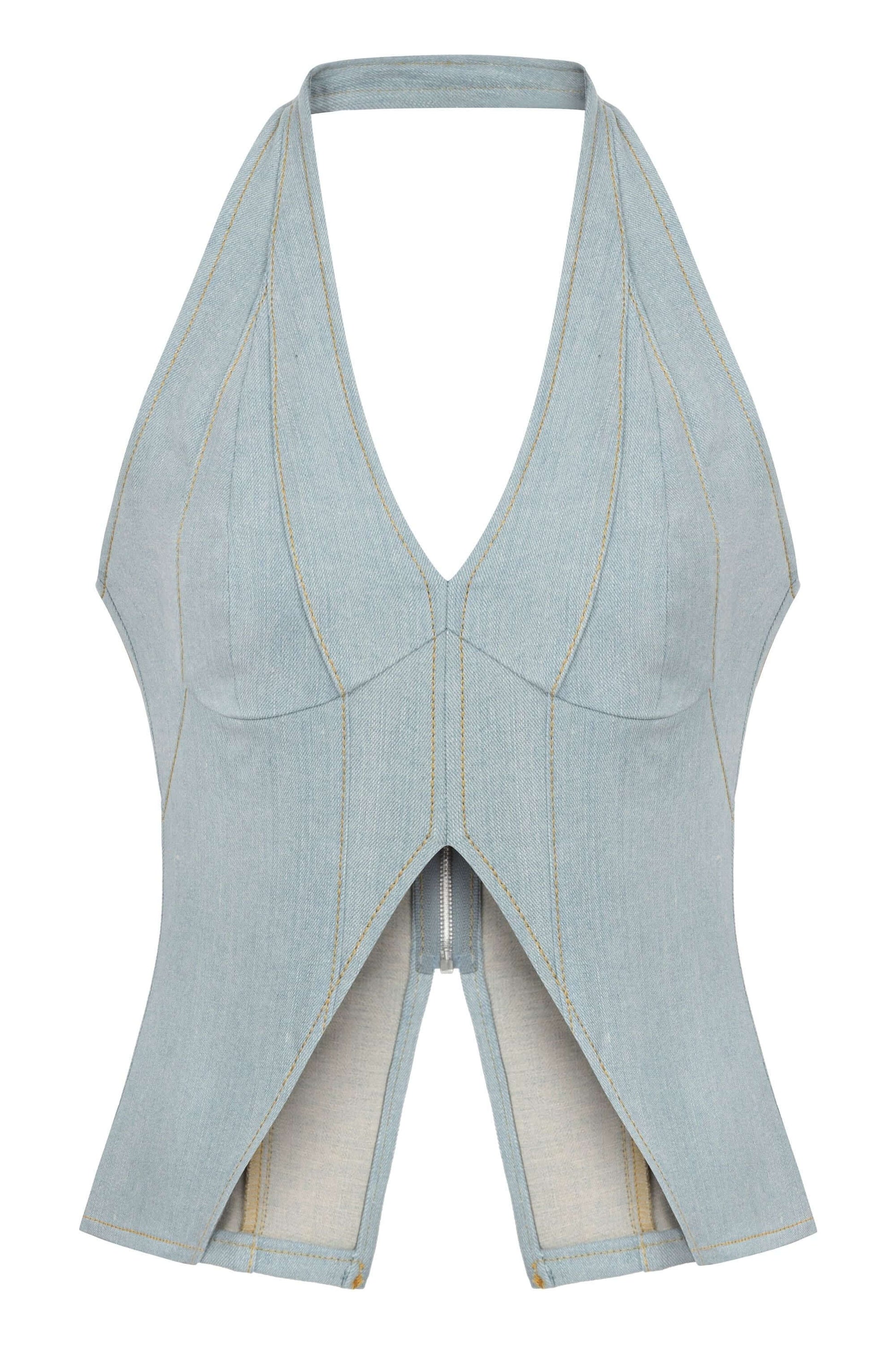 JENDUE Monte Corset Denim Top - Light Blue Halter Style