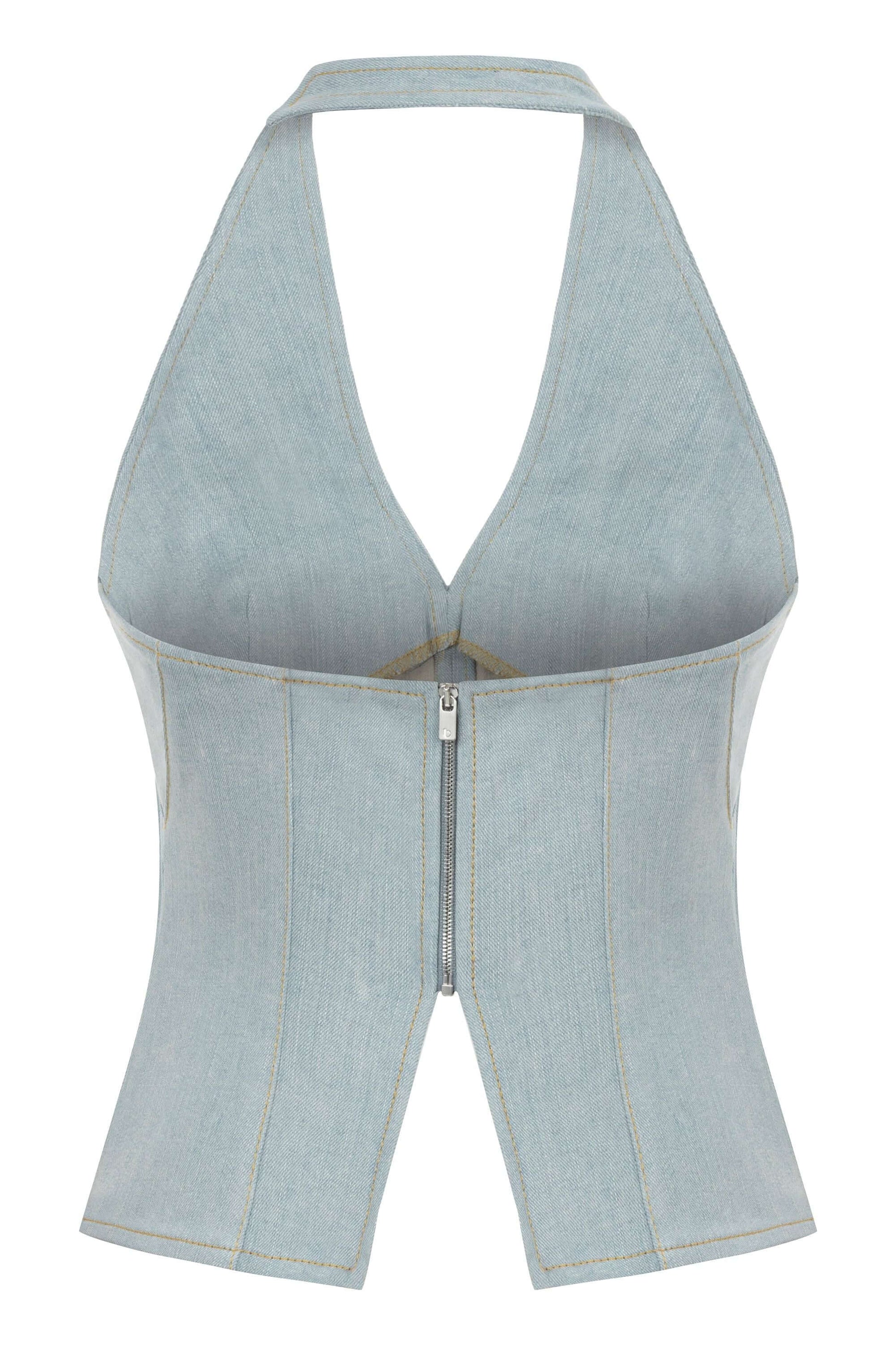 JENDUE Monte Corset Denim Top - Light Blue Halter Style