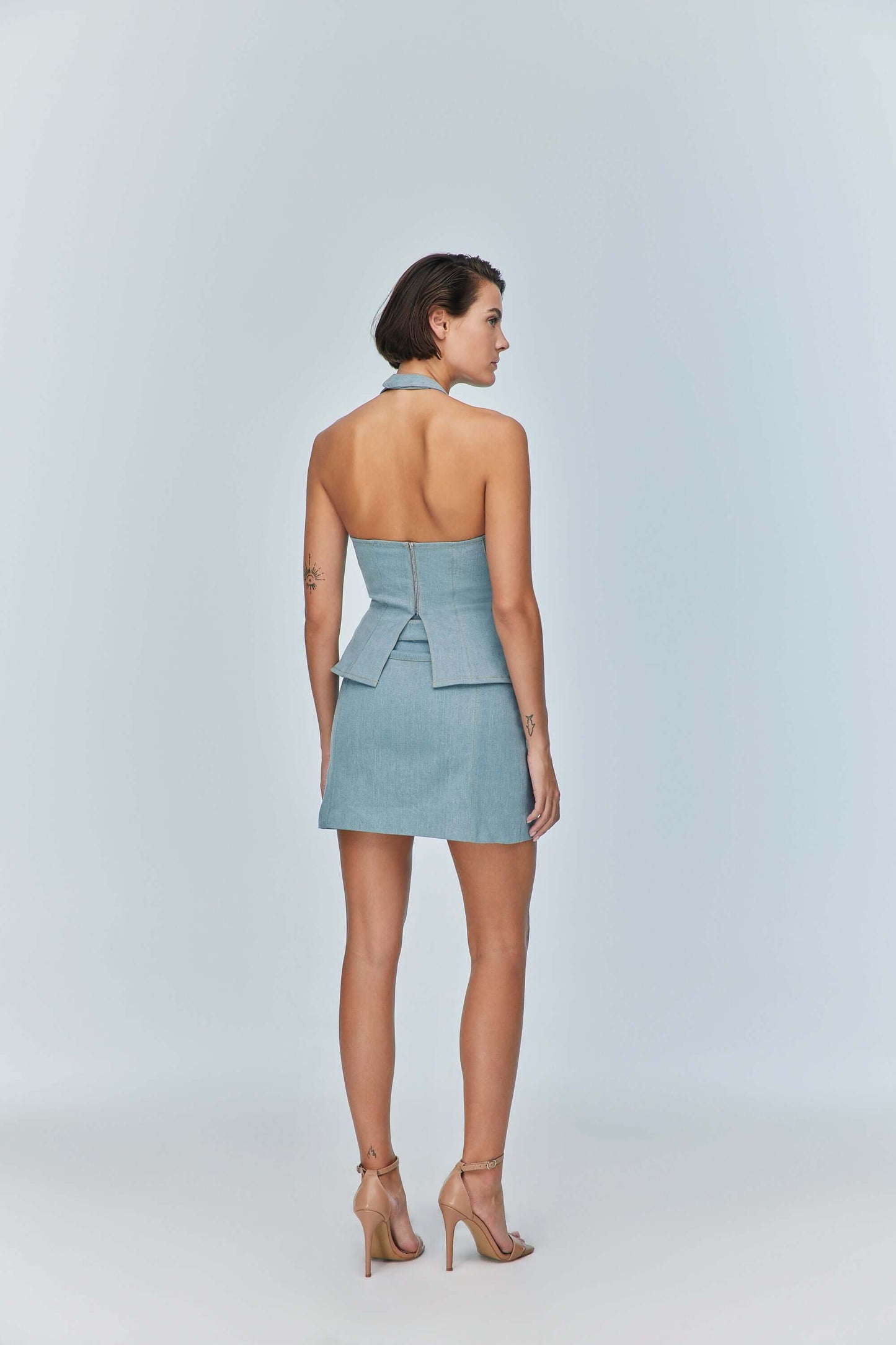 JENDUE Monte Corset Denim Top - Light Blue Halter Style