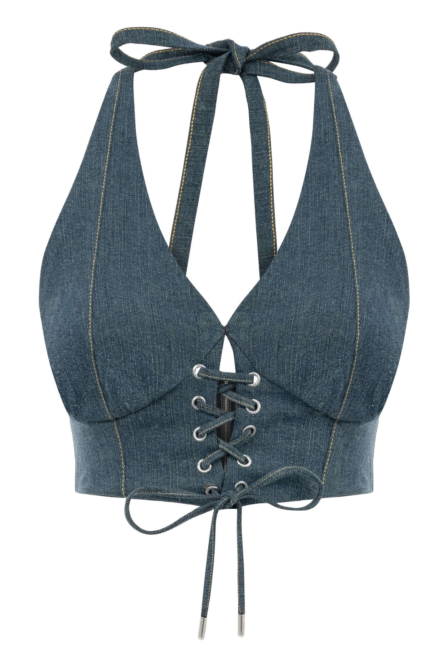 JENDUE Monte Denim Crop Top - Halter Neck & Lace-Up Detail