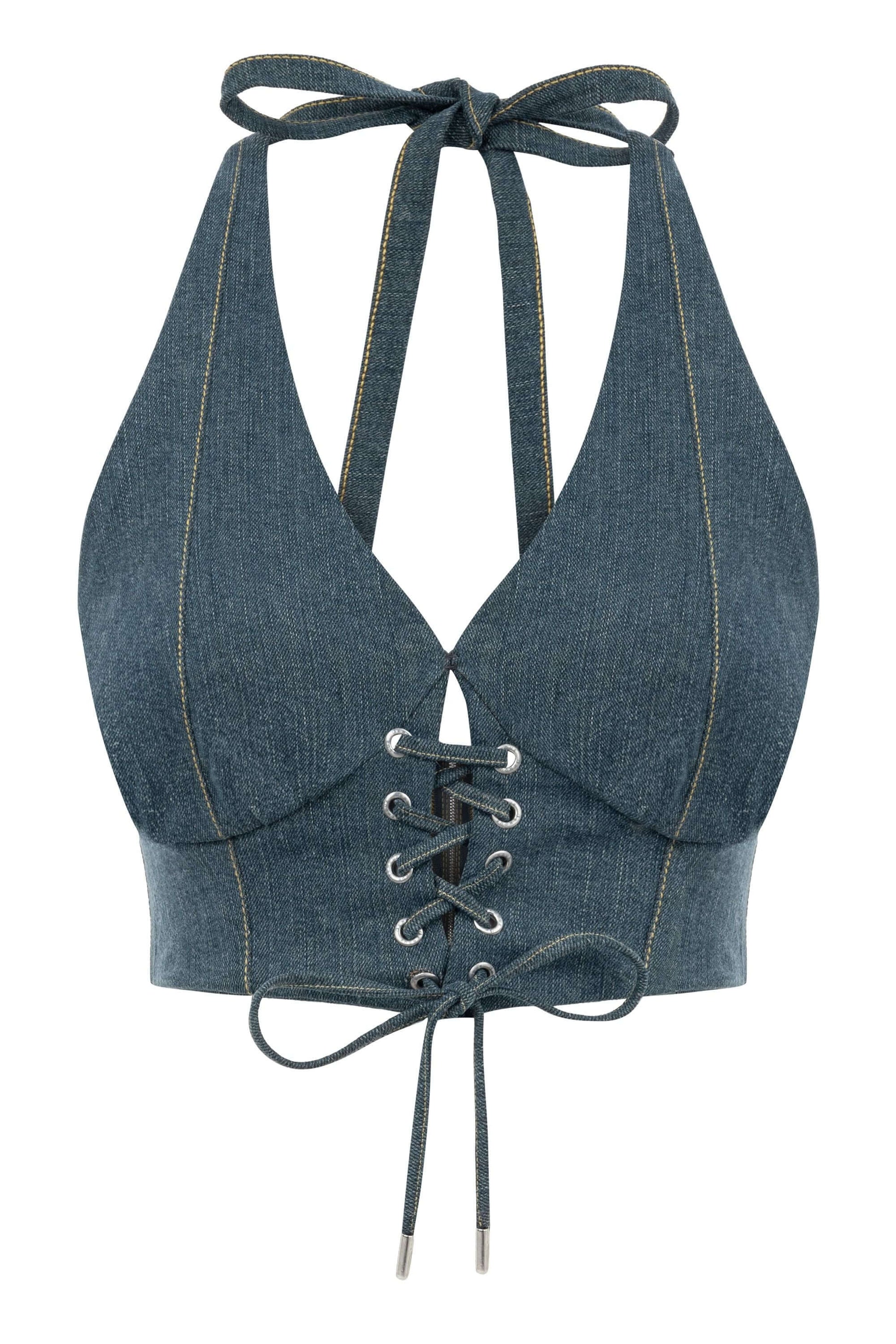 JENDUE Monte Denim Crop Top - Halter Neck & Lace-Up Detail