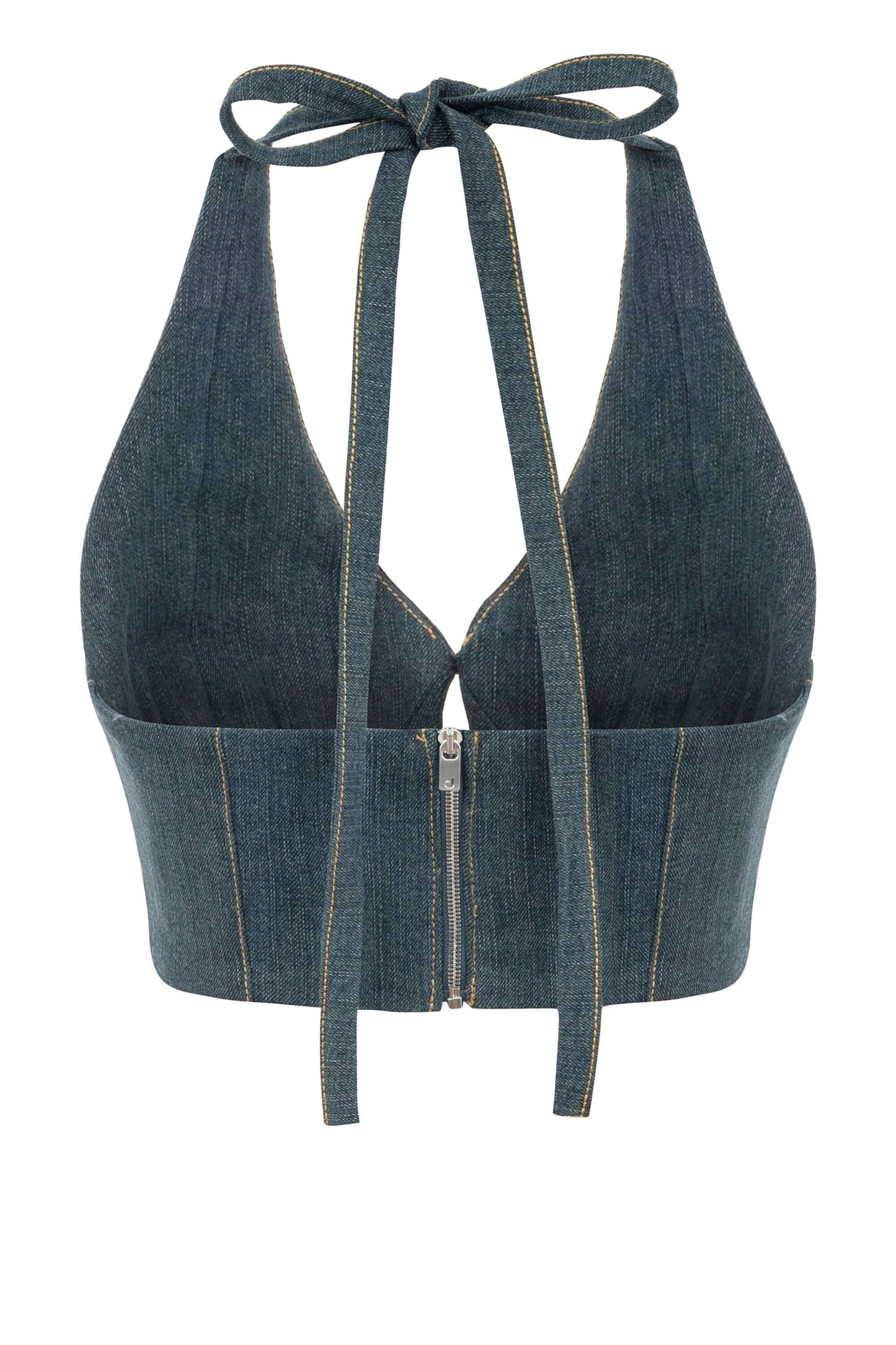 JENDUE Monte Denim Crop Top - Halter Neck & Lace-Up Detail