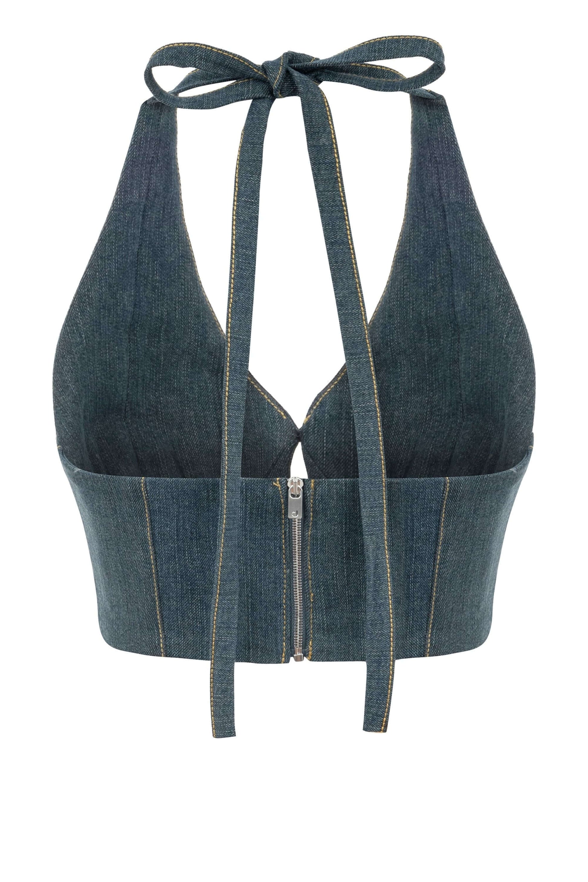 JENDUE Monte Denim Crop Top - Halter Neck & Lace-Up Detail
