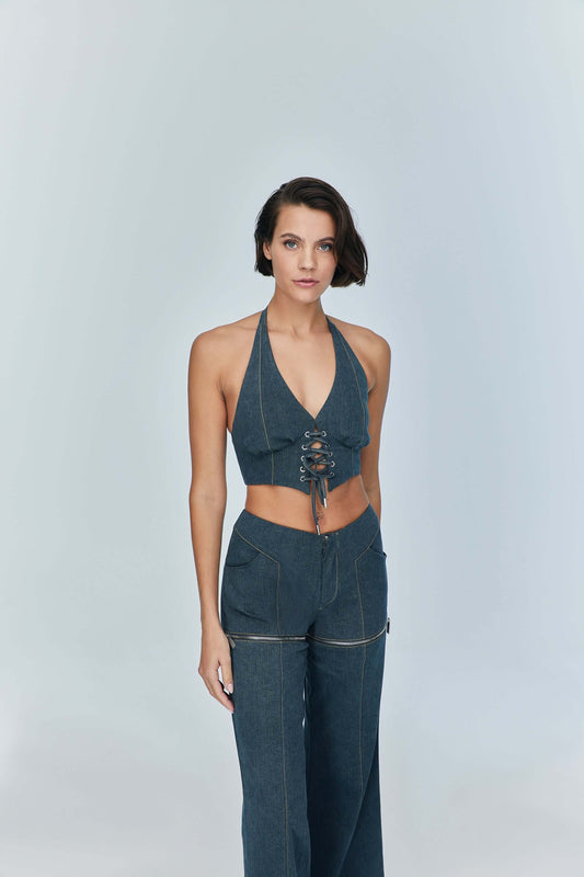 JENDUE Monte Denim Crop Top - Halter Neck & Lace-Up Detail