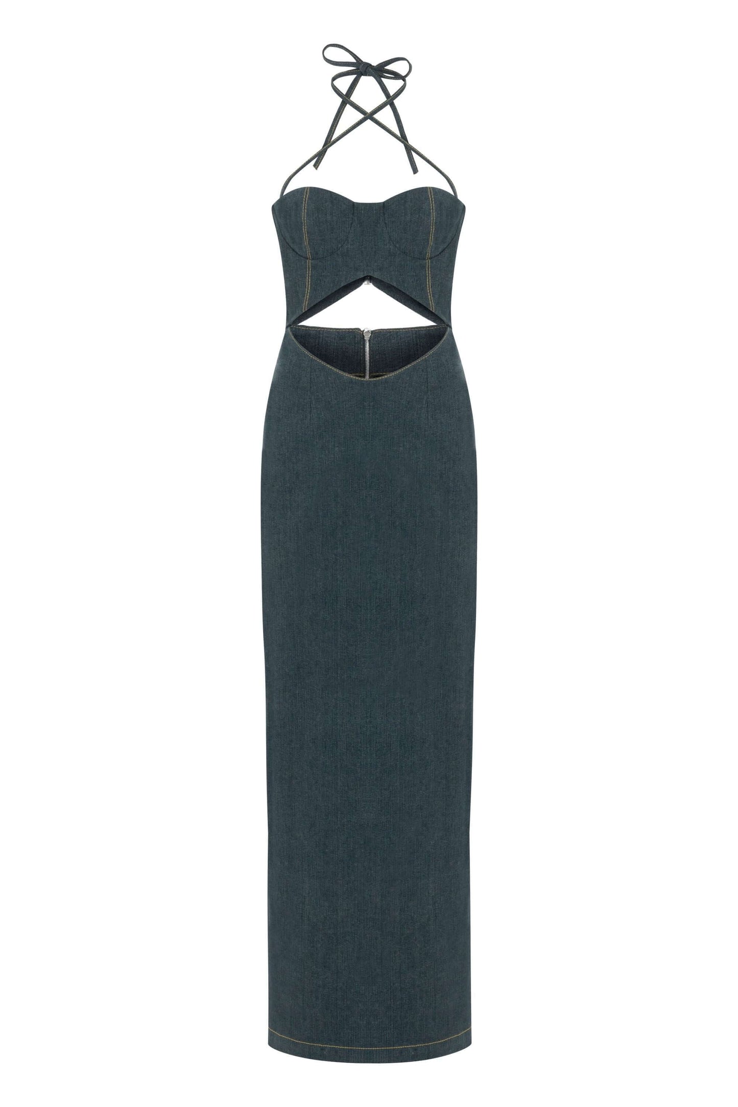JENDUE Monte Maxi Denim Dress - Halter Cutout Gown
