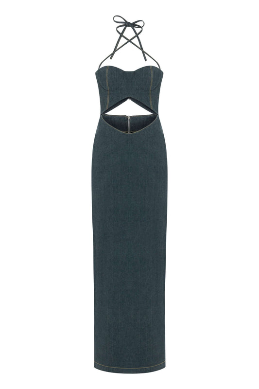 JENDUE Monte Maxi Denim Dress - Halter Cutout Gown