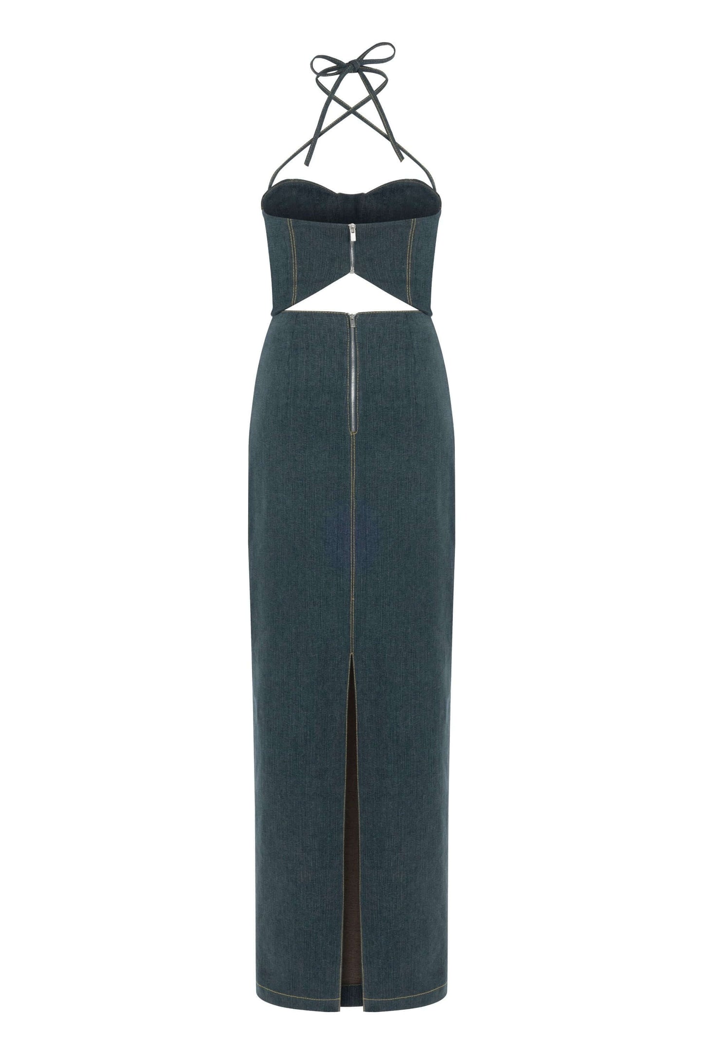 JENDUE Monte Maxi Denim Dress - Halter Cutout Gown