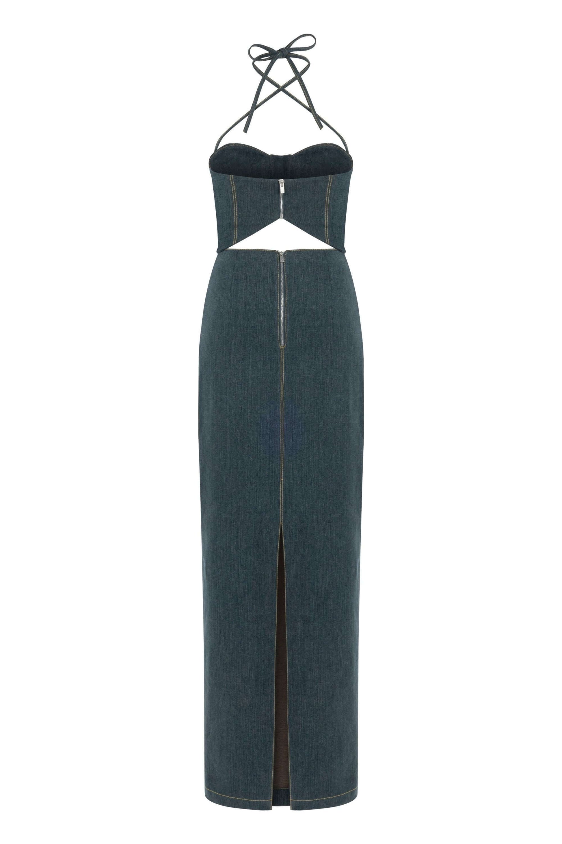 JENDUE Monte Maxi Denim Dress - Halter Cutout Gown