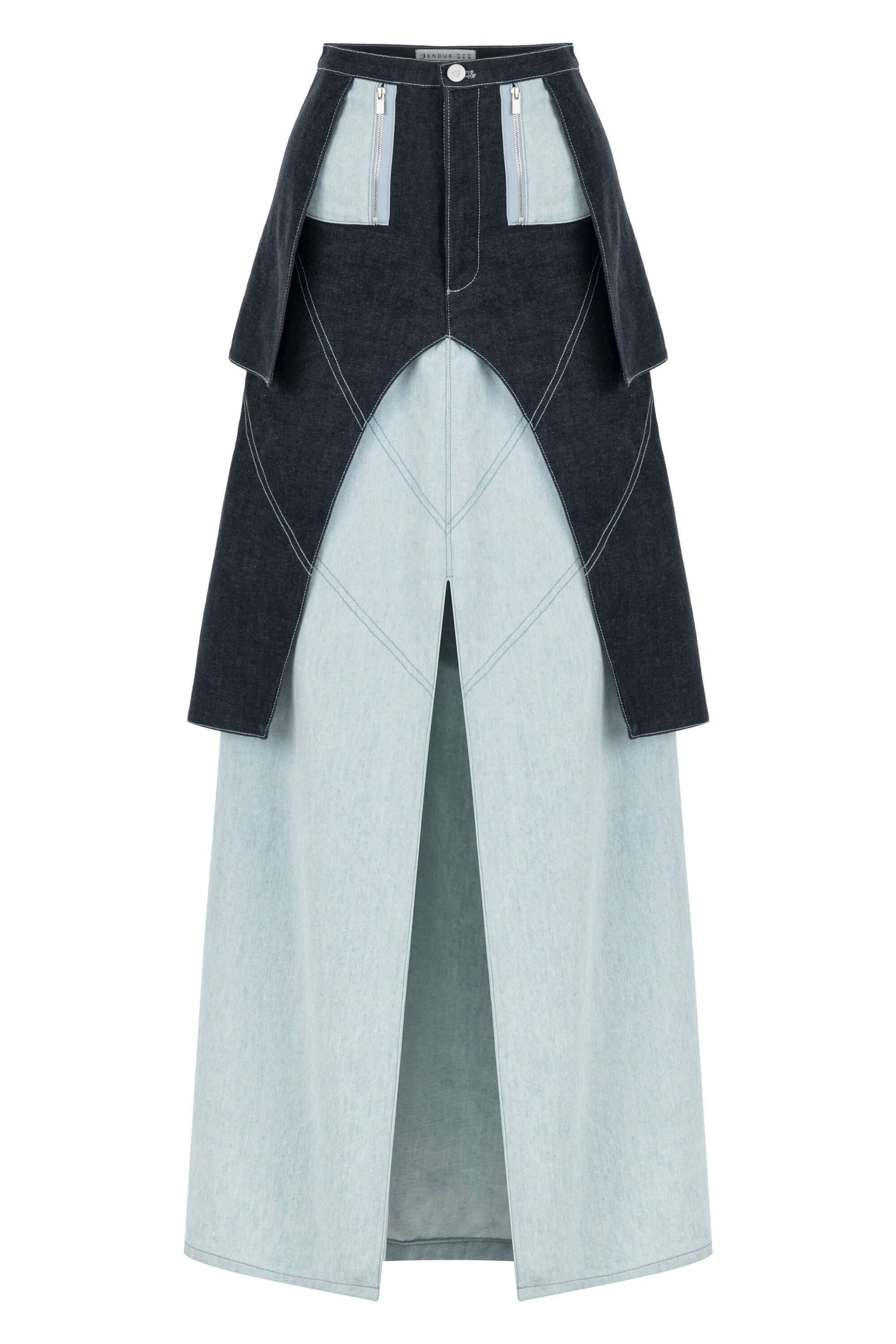 JENDUE Monte Maxi Denim Skirt - Two-Tone Design