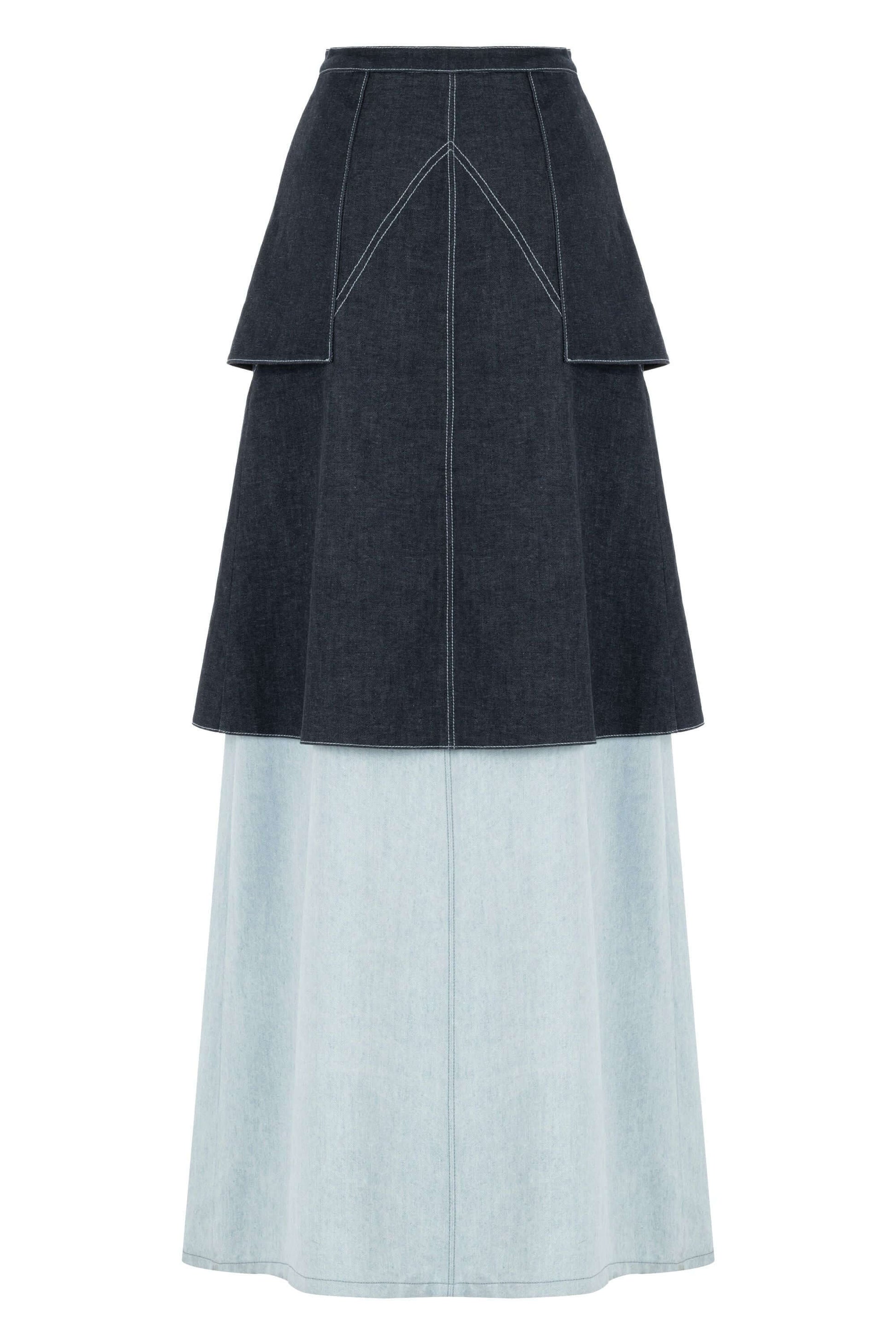 JENDUE Monte Maxi Denim Skirt - Two-Tone Design