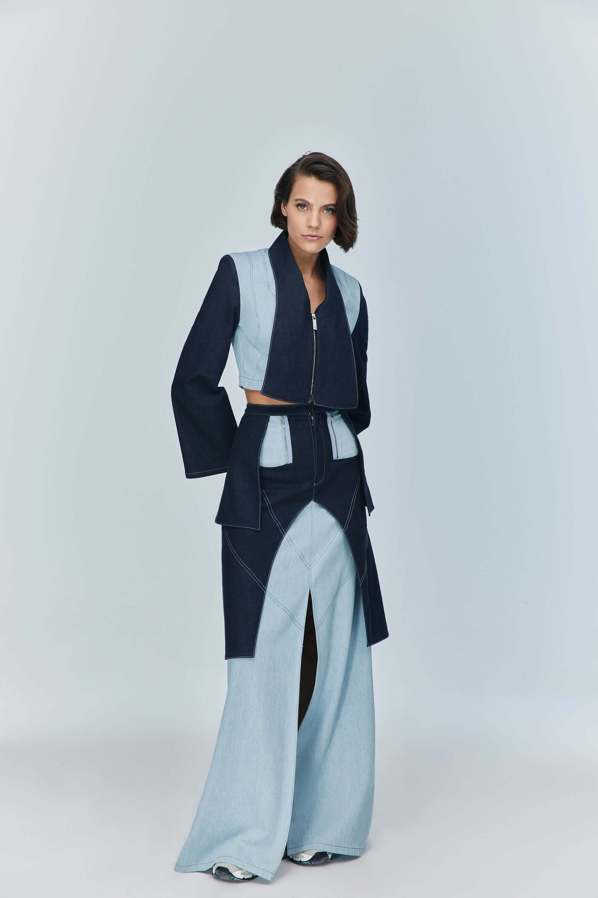 JENDUE Monte Maxi Denim Skirt - Two-Tone Design