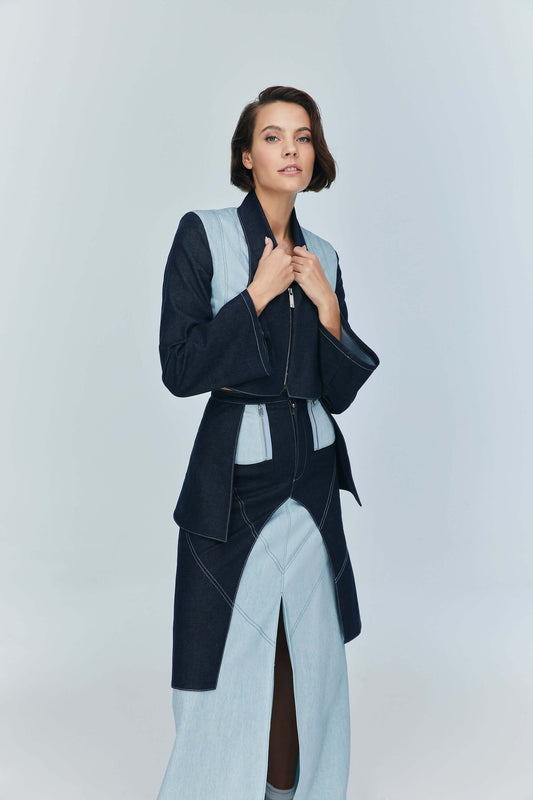 JENDUE Monte Maxi Denim Skirt - Two-Tone Design