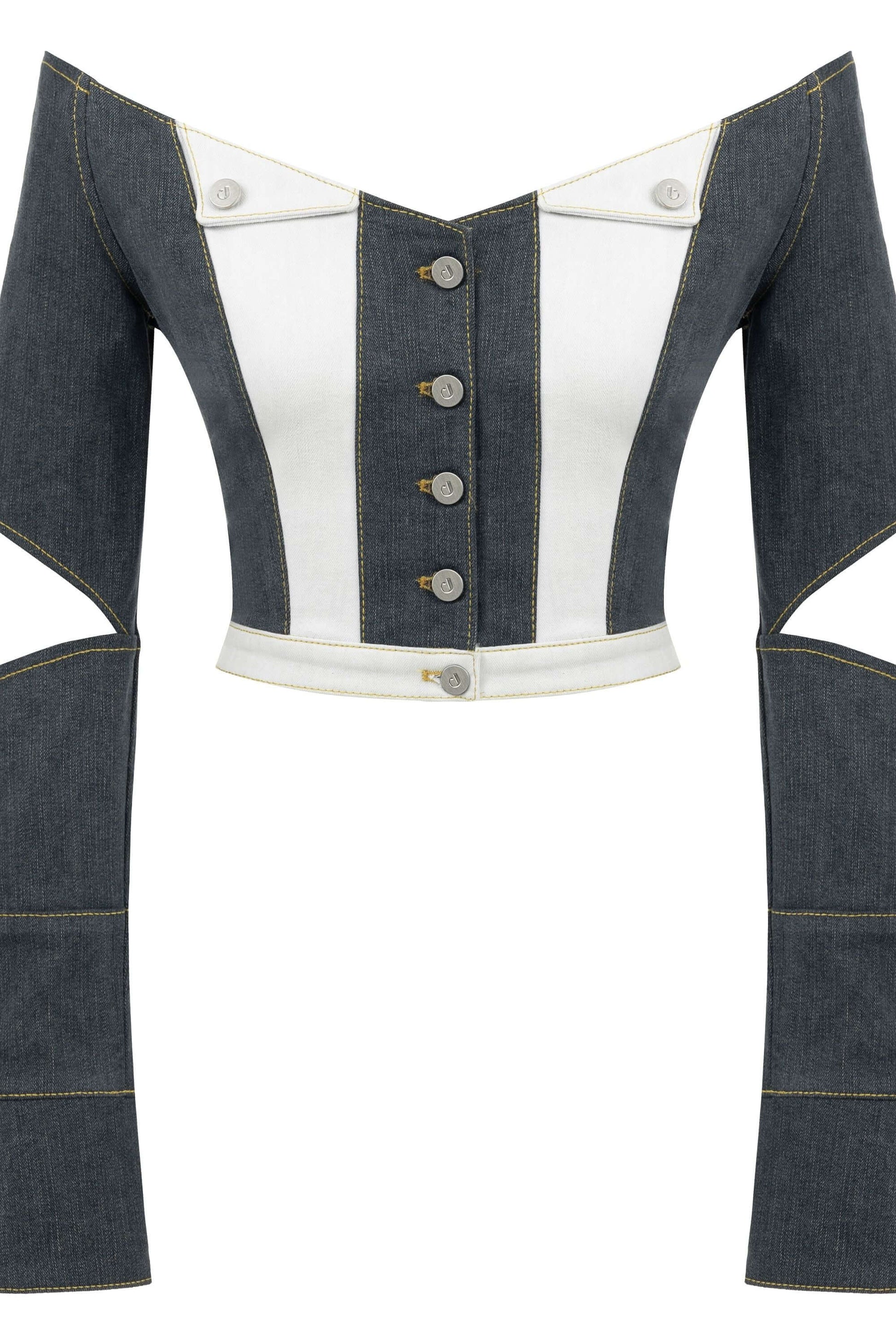 JENDUE Monte Off Shoulder Denim Jacket - Chic Cropped Jean