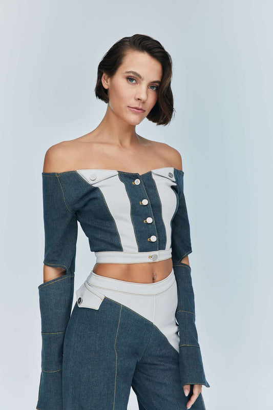JENDUE Monte Off Shoulder Denim Jacket - Chic Cropped Jean