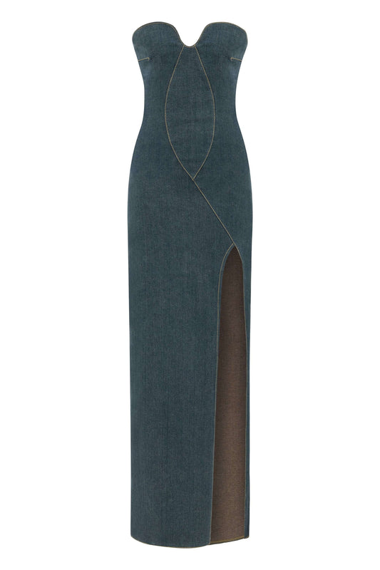 JENDUE Monte Strapless Denim Midi Dress - High Slit Style