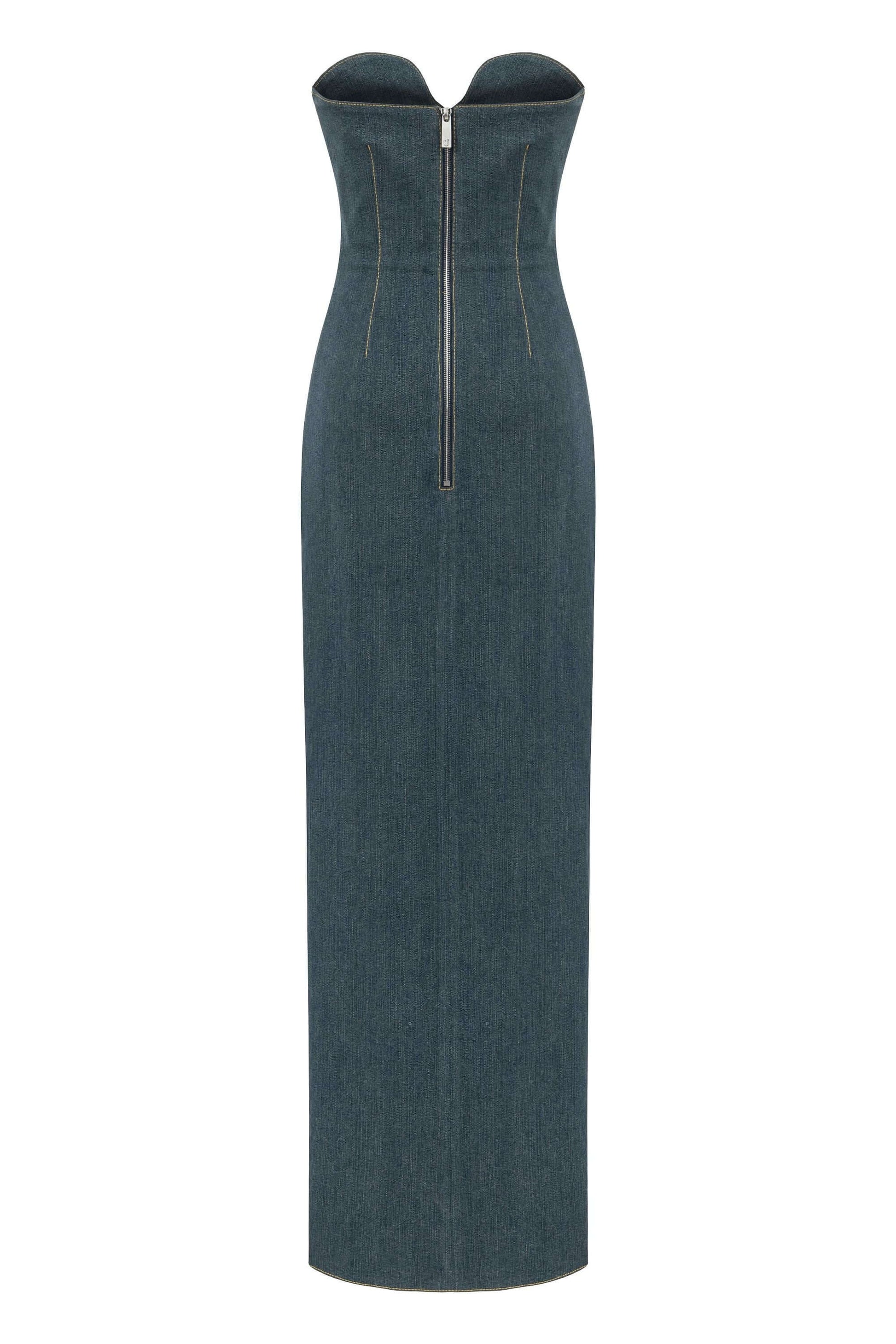 JENDUE Monte Strapless Denim Midi Dress - High Slit Style
