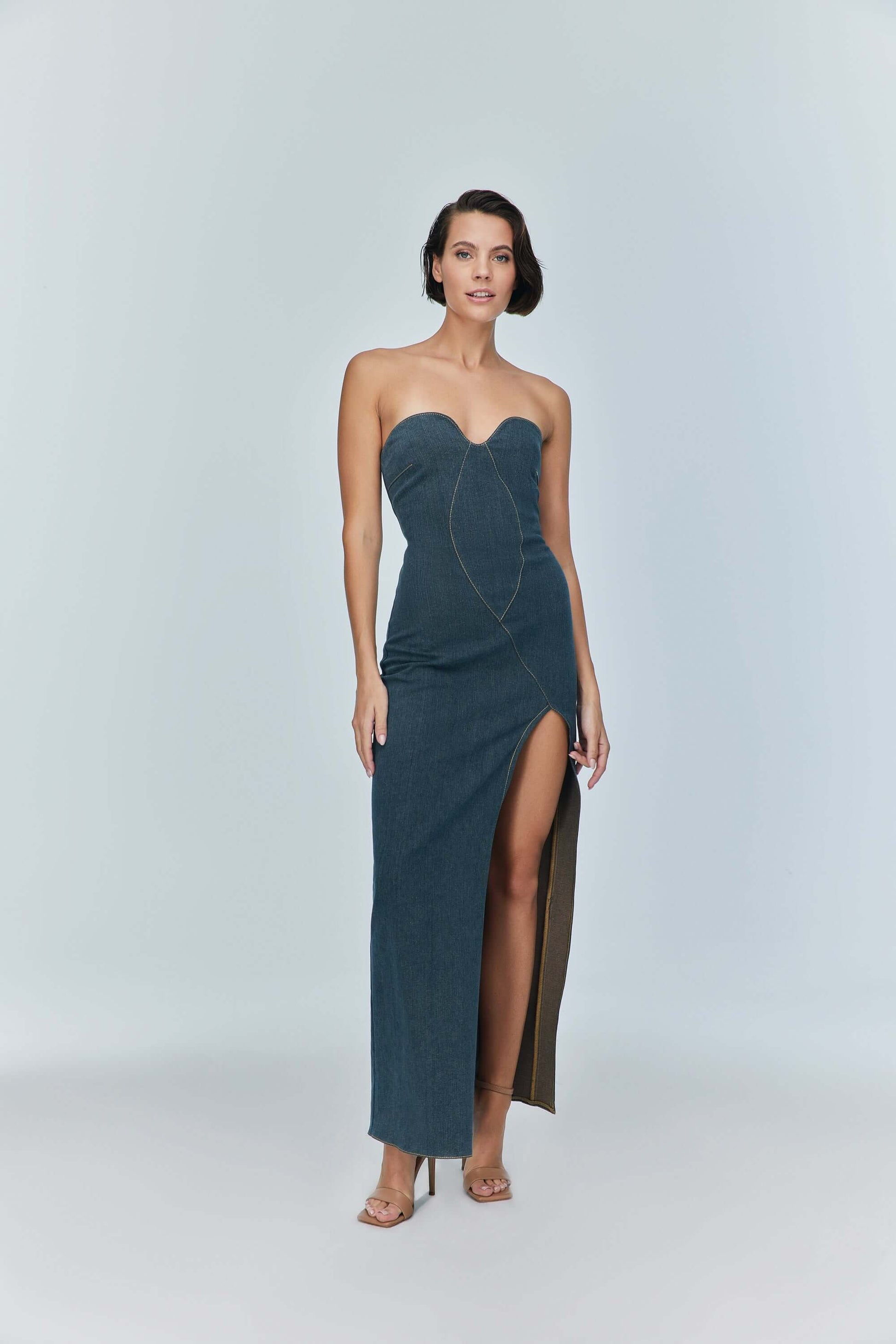 JENDUE Monte Strapless Denim Midi Dress - High Slit Style