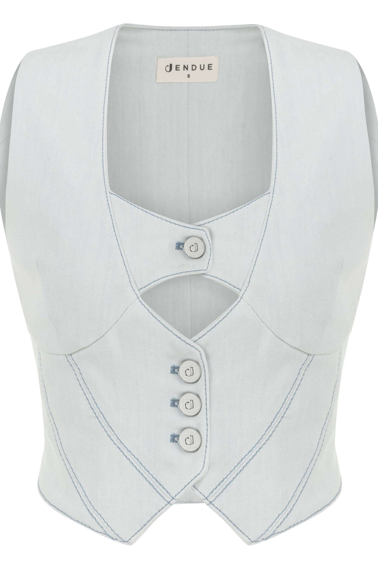 JENDUE Myla Denim Top - Light Blue Cut-Out Vest