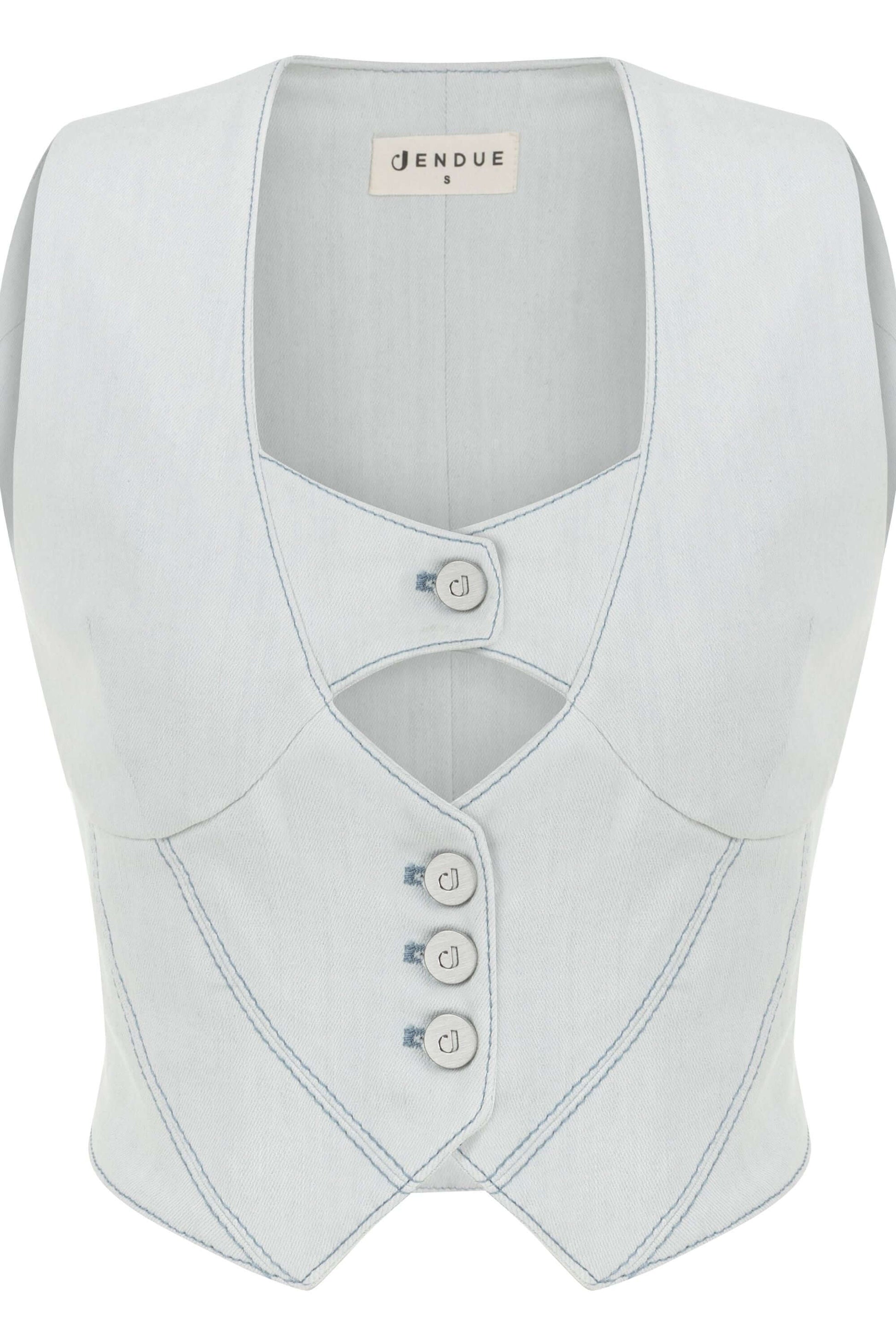 JENDUE Myla Denim Top - Light Blue Cut-Out Vest