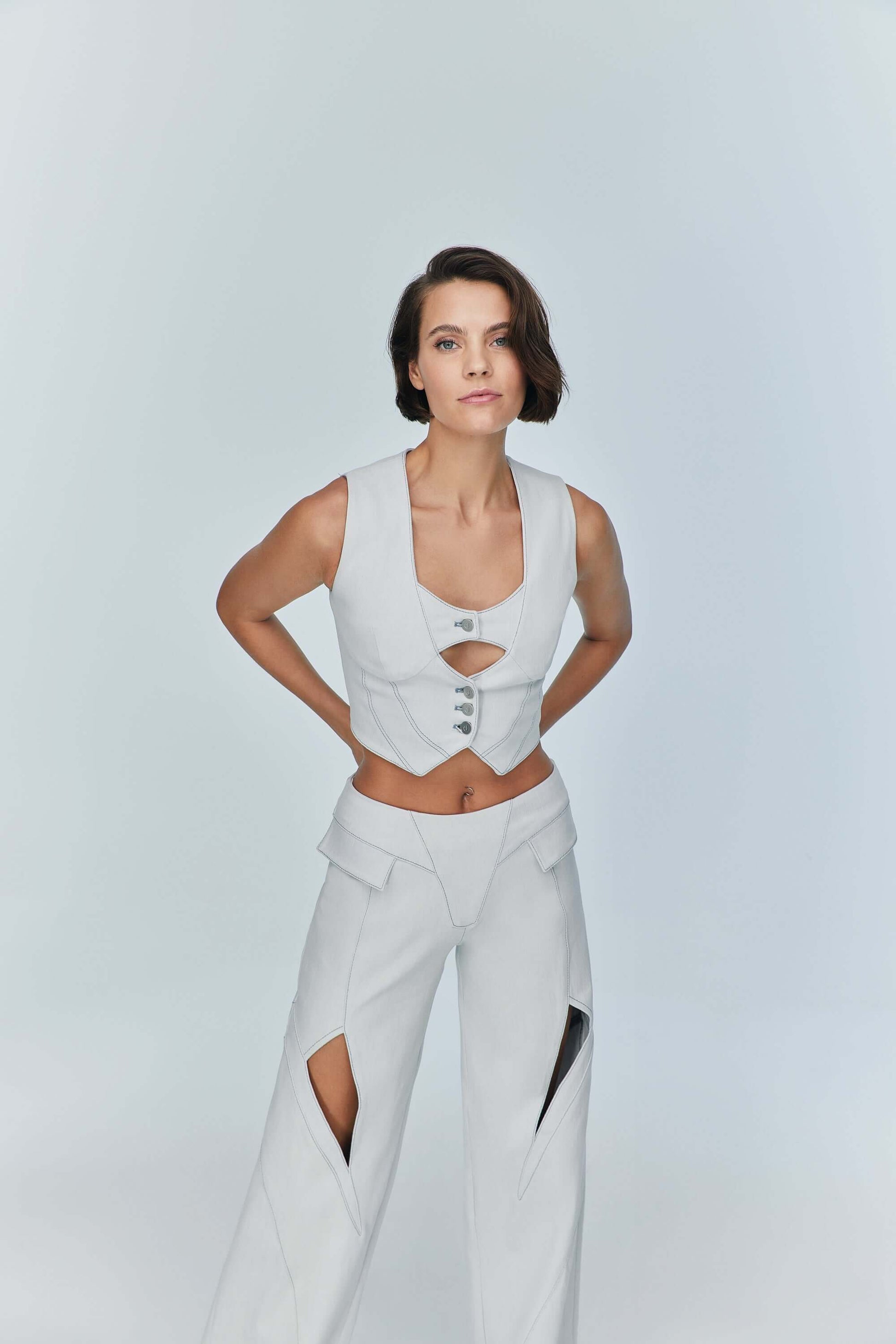 JENDUE Myla Denim Top - Light Blue Cut-Out Vest