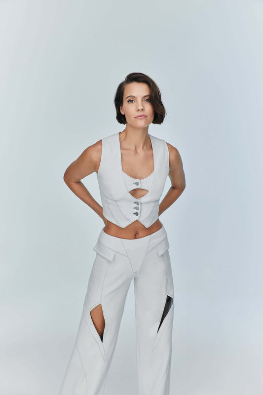JENDUE Myla Denim Top - Light Blue Cut-Out Vest