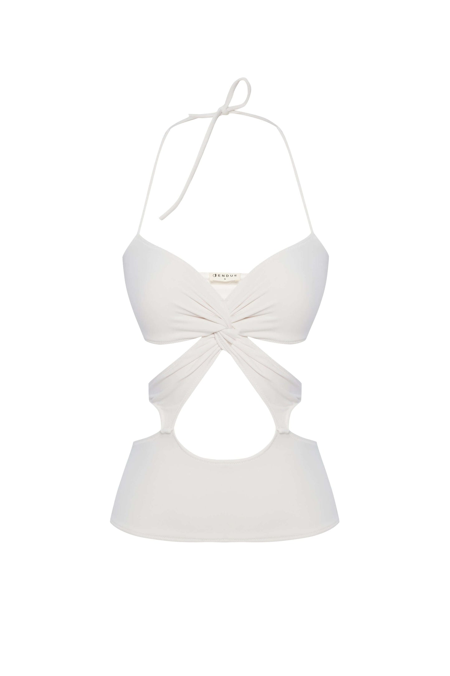 JENDUE Neo Denim Jersey Crop Top - White Halter Cut-Out