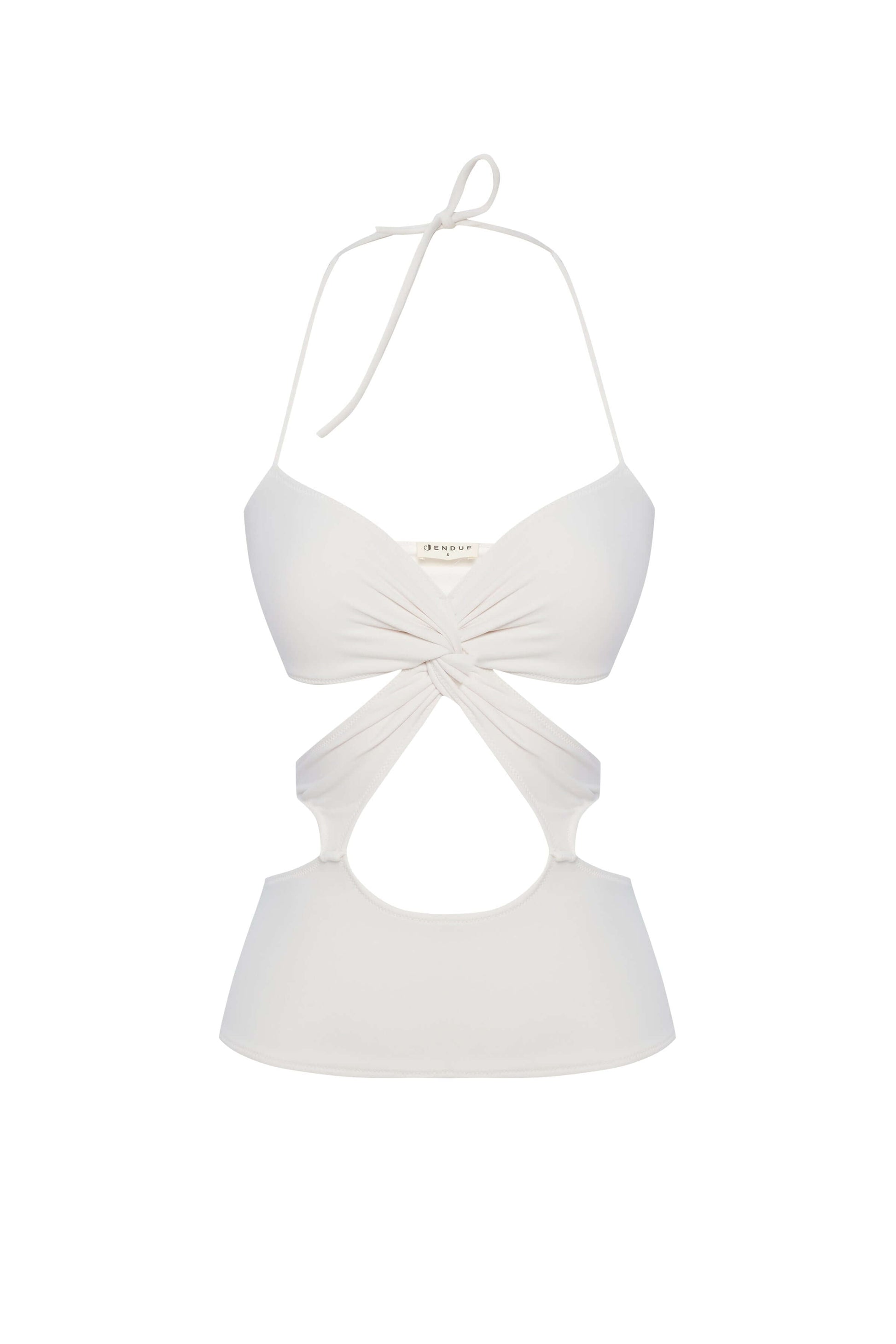 JENDUE Neo Denim Jersey Crop Top - White Halter Cut-Out