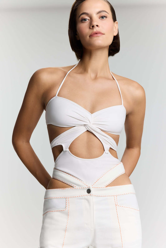 JENDUE Neo Denim Jersey Crop Top - White Halter Cut-Out