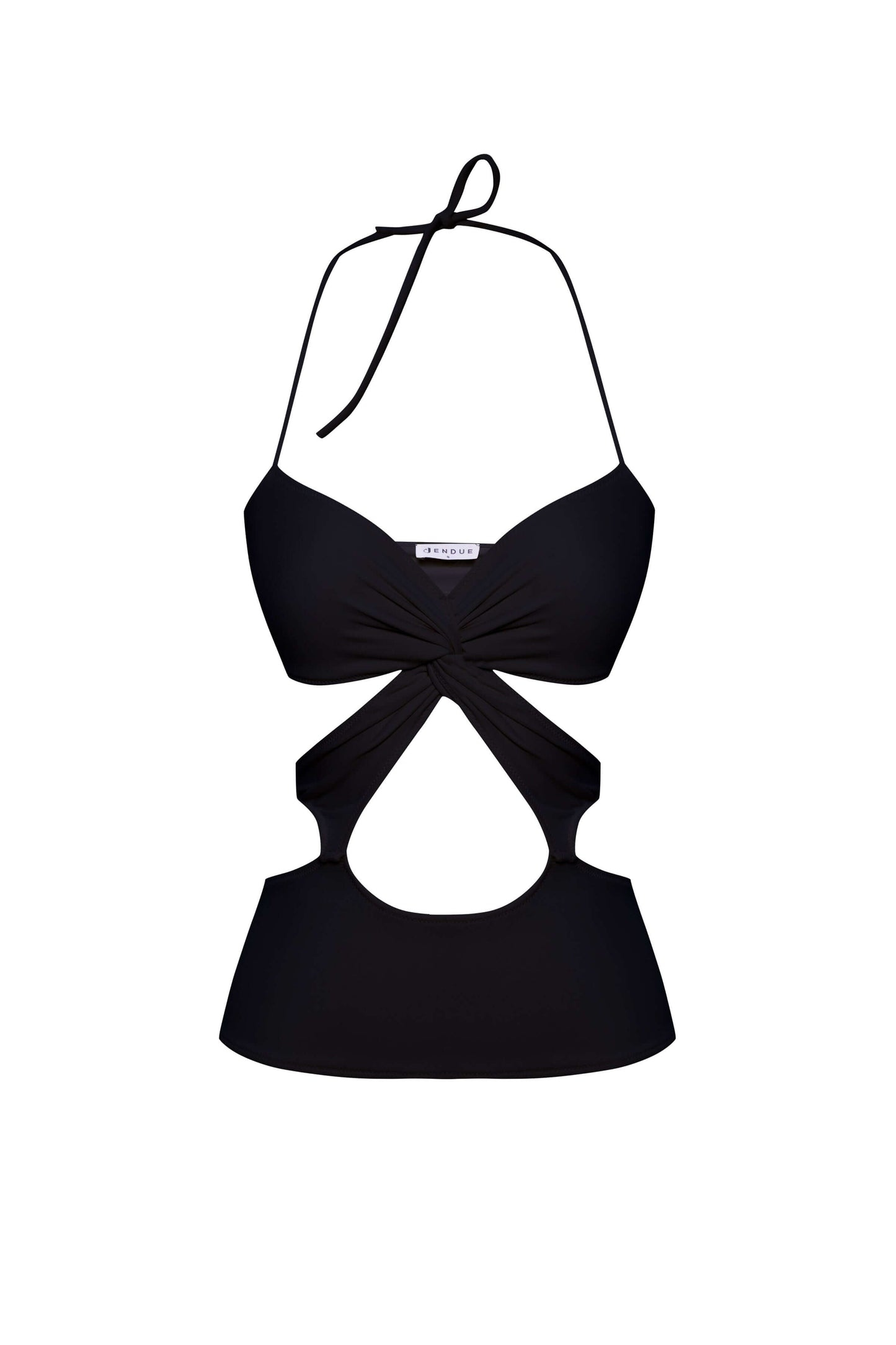 JENDUE Neo Denim Jersey Crop Top - White Halter Cut-Out