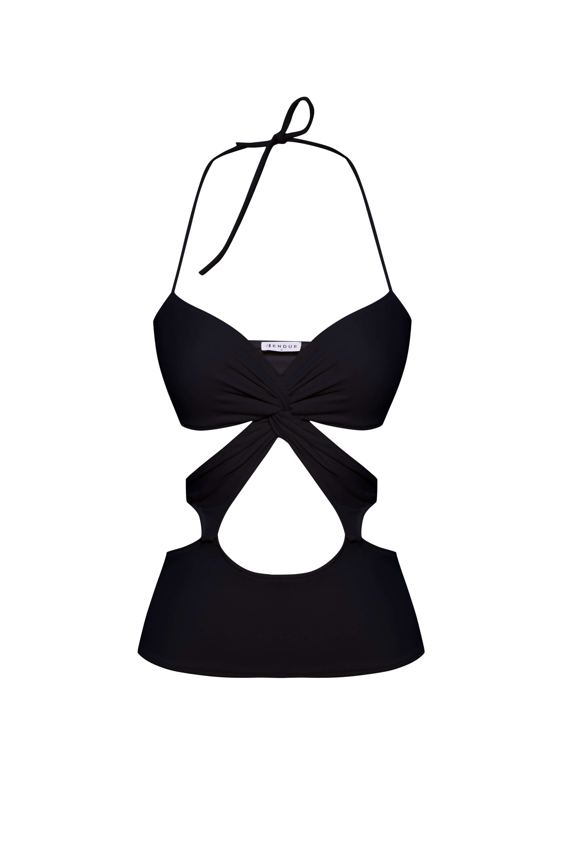 JENDUE Neo Denim Jersey Crop Top - White Halter Cut-Out