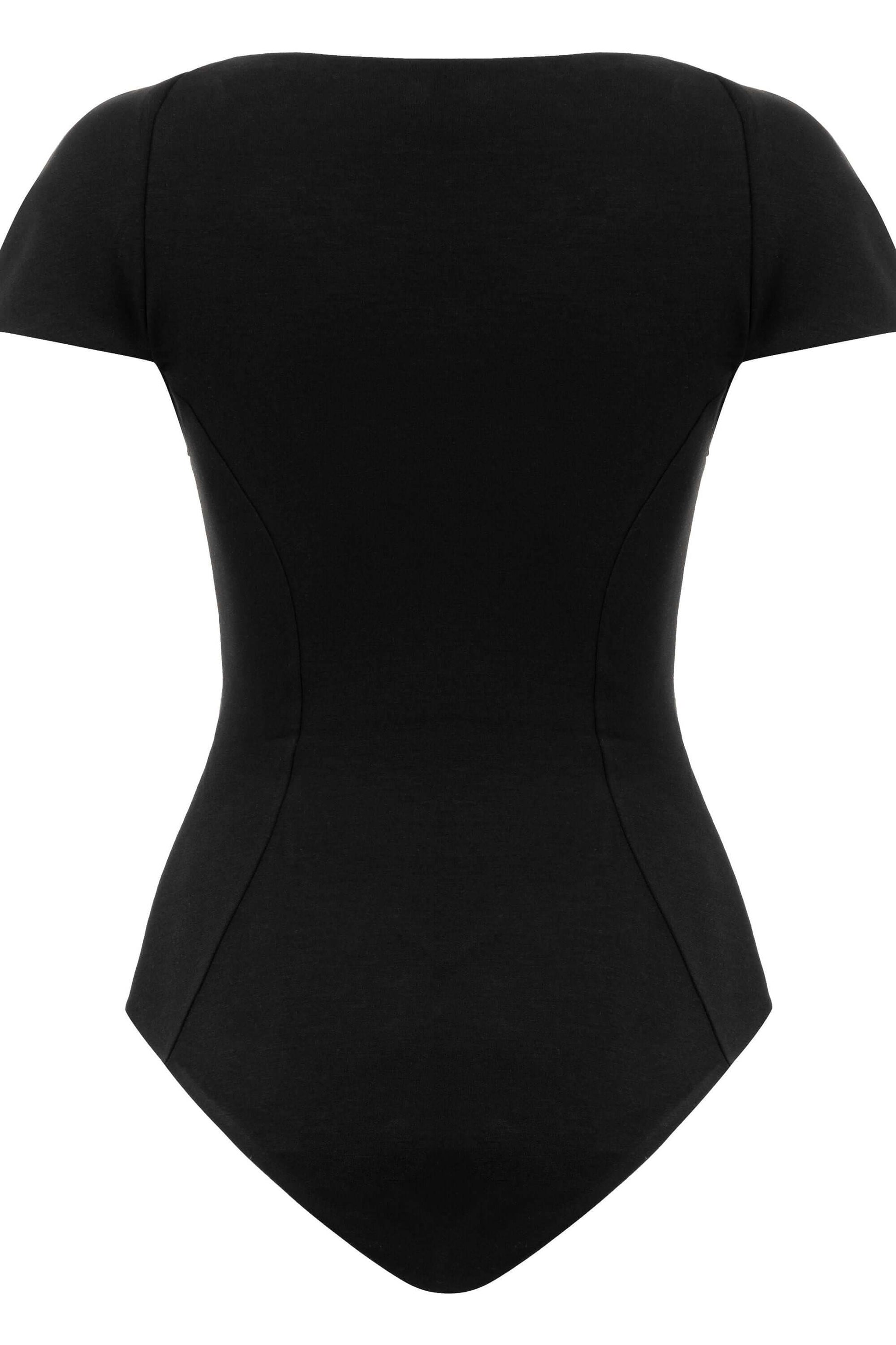JENDUE Otara Black Bodysuit | Stylish Cut-Out Denim Top