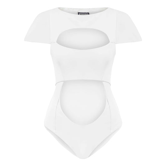 JENDUE Otara White Denim Bodysuit - Stylish Cut-Outs