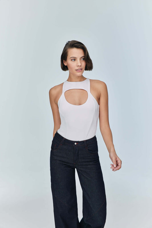 JENDUE Pera Bodysuit Denim Jumpsuit - Stylish Cutout