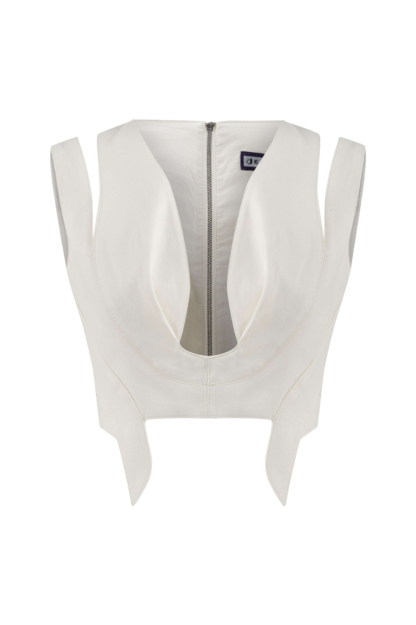 JENDUE Ron 3D Denim Crop Top - White, Sculptural, Back Zip