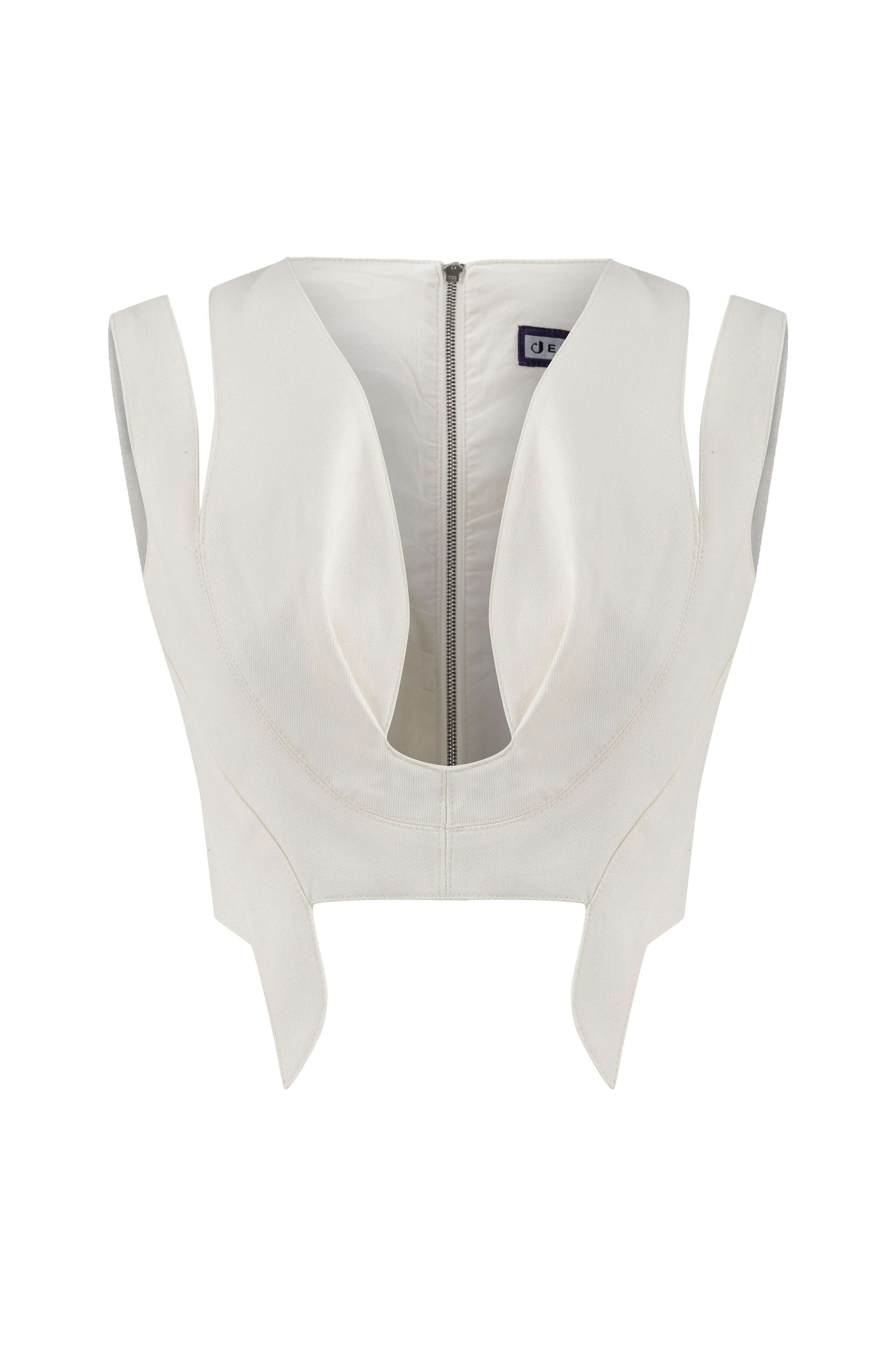 JENDUE Ron 3D Denim Crop Top - White, Sculptural, Back Zip