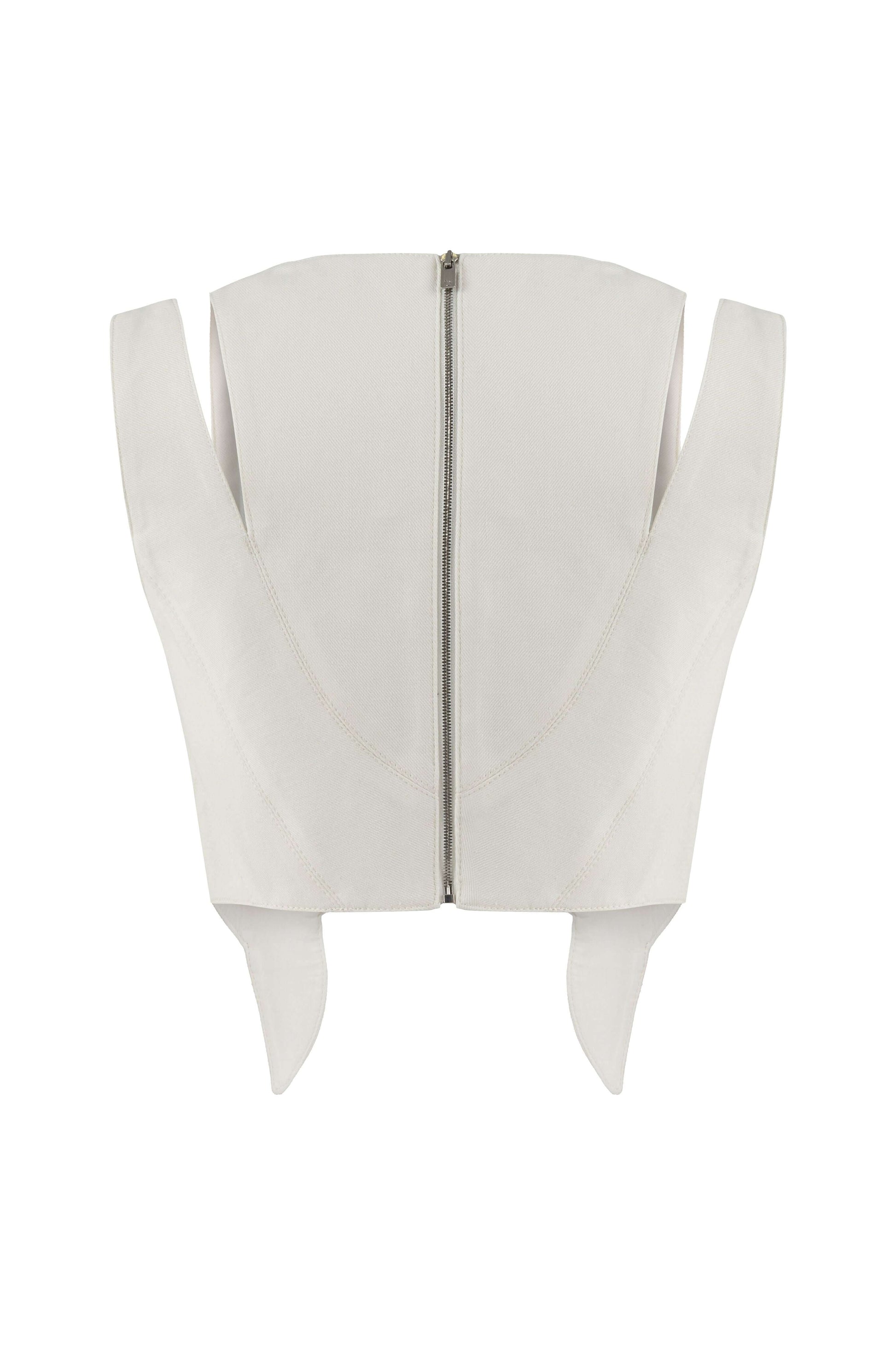 JENDUE Ron 3D Denim Crop Top - White, Sculptural, Back Zip