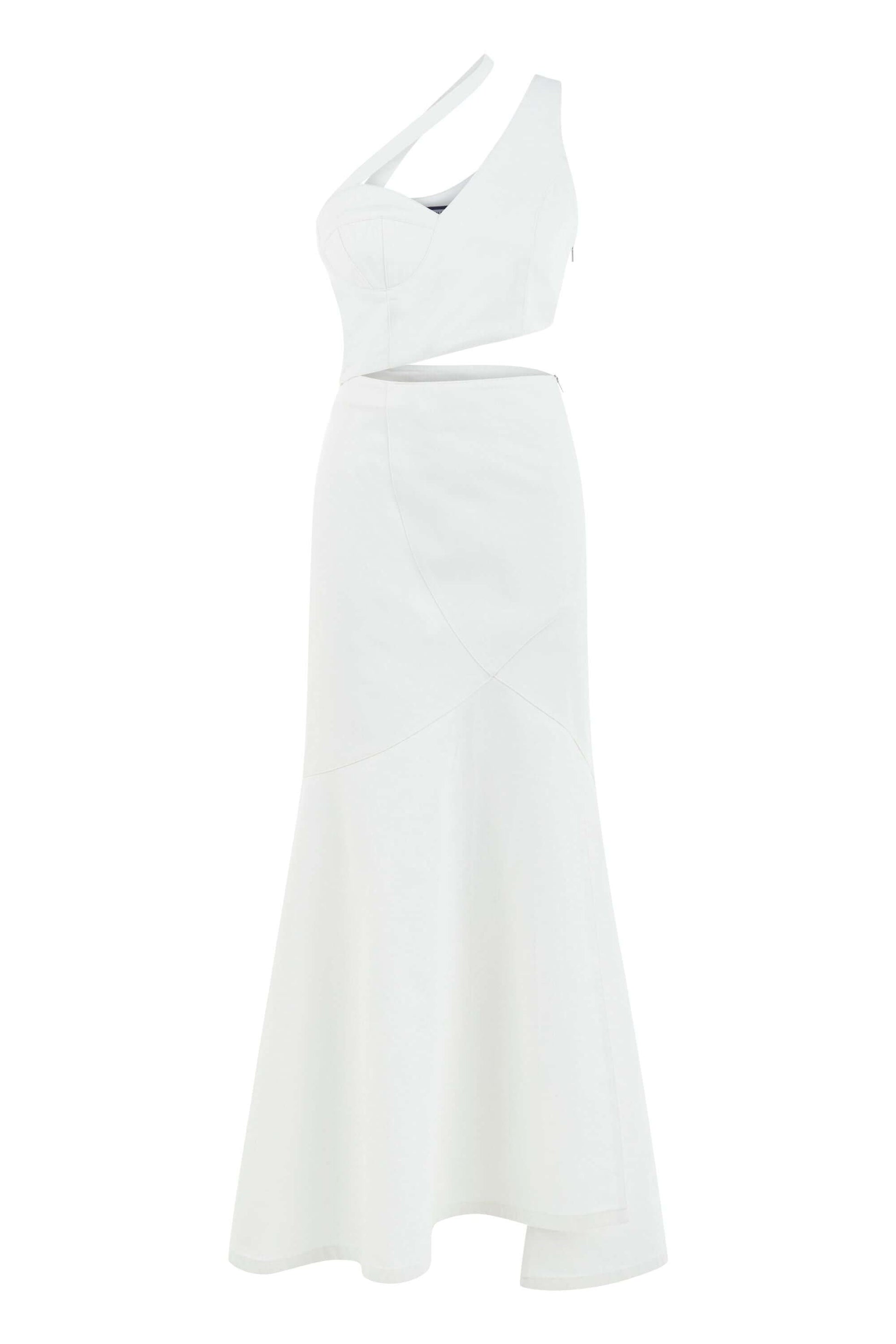 JENDUE Ron Asymmetric White Denim Maxi Dress - Elegant
