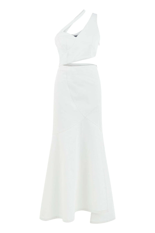 JENDUE Ron Asymmetric White Denim Maxi Dress - Elegant