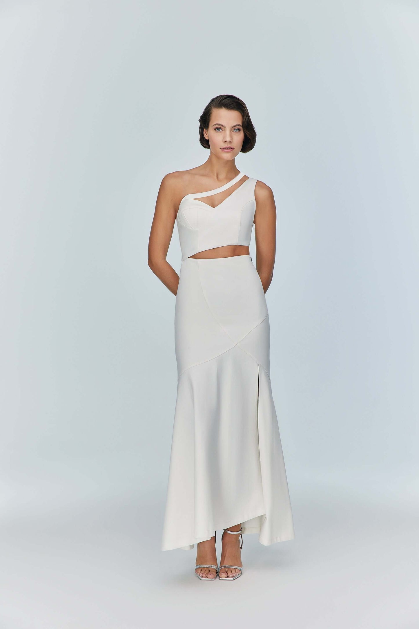 JENDUE Ron Asymmetric White Denim Maxi Dress - Elegant