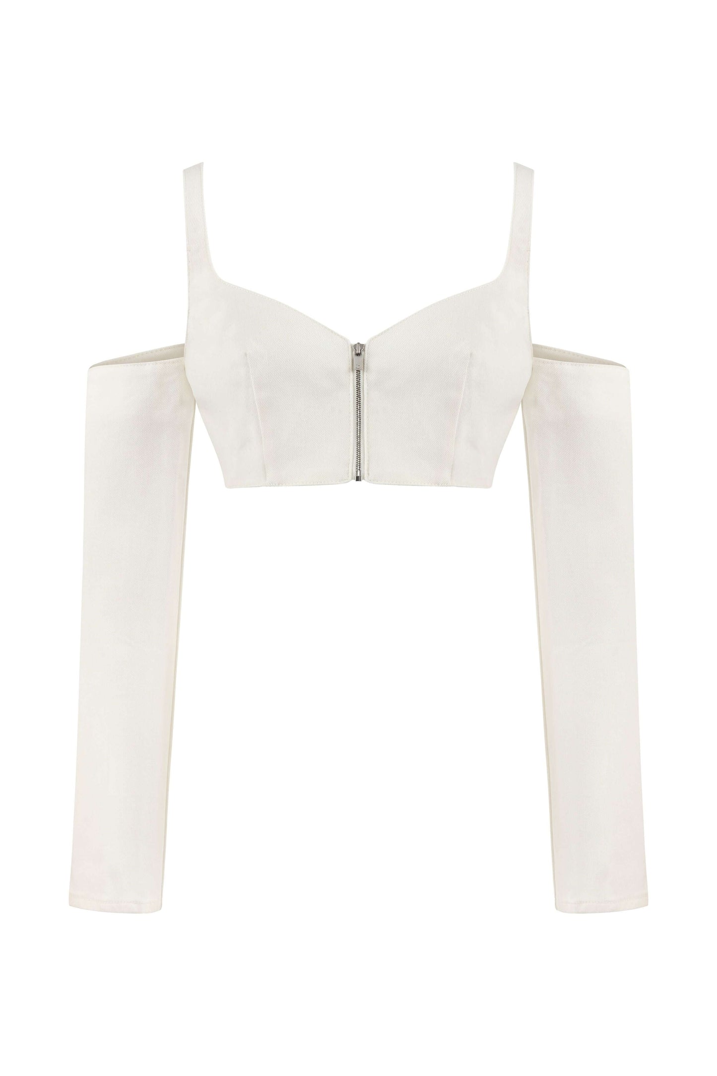 JENDUE Ron Long Sleeve Denim Top - White Off-Shoulder