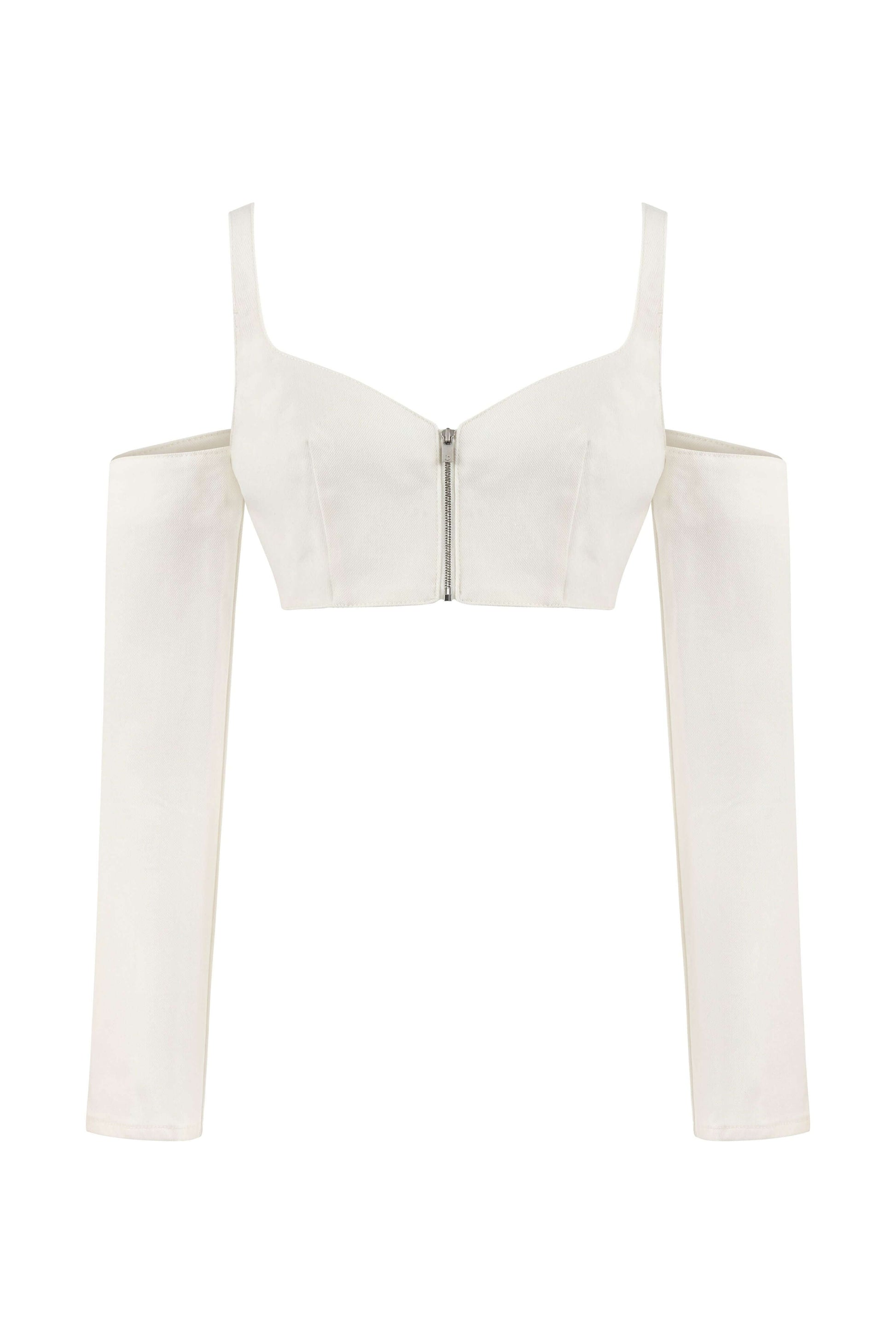 JENDUE Ron Long Sleeve Denim Top - White Off-Shoulder