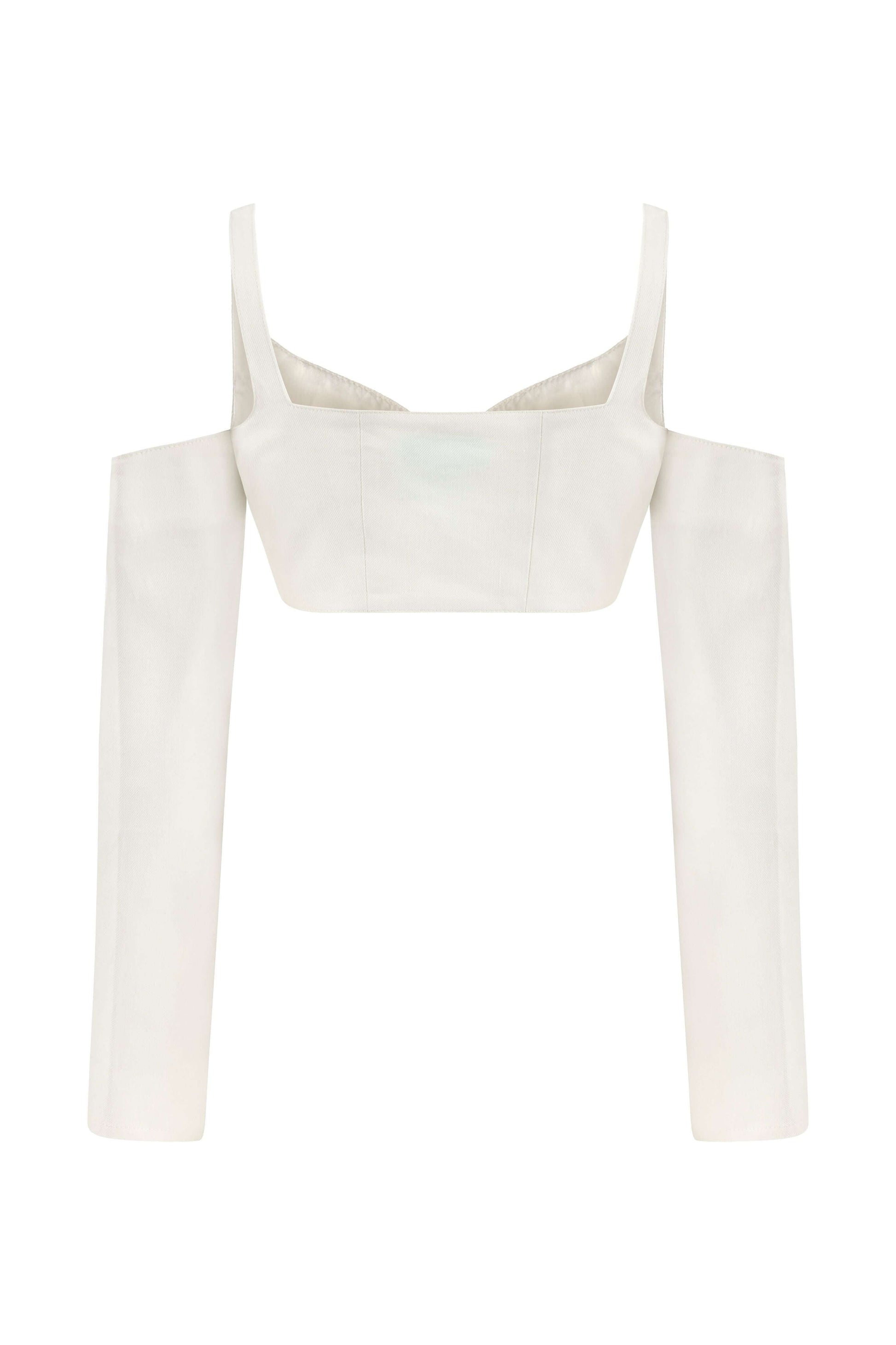 JENDUE Ron Long Sleeve Denim Top - White Off-Shoulder