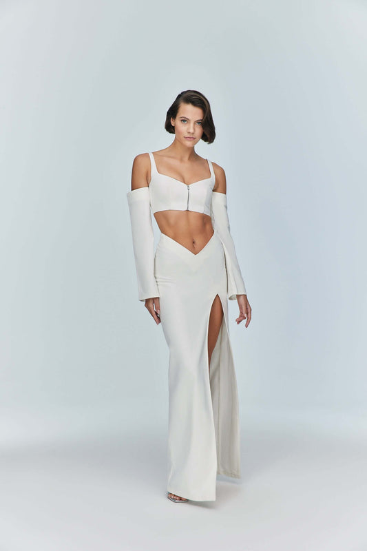 JENDUE Ron Long Sleeve Denim Top - White Off-Shoulder