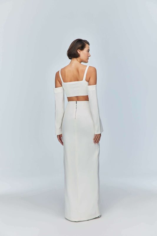 JENDUE Ron Maxi Denim Skirt - High Slit White Denim Skirt