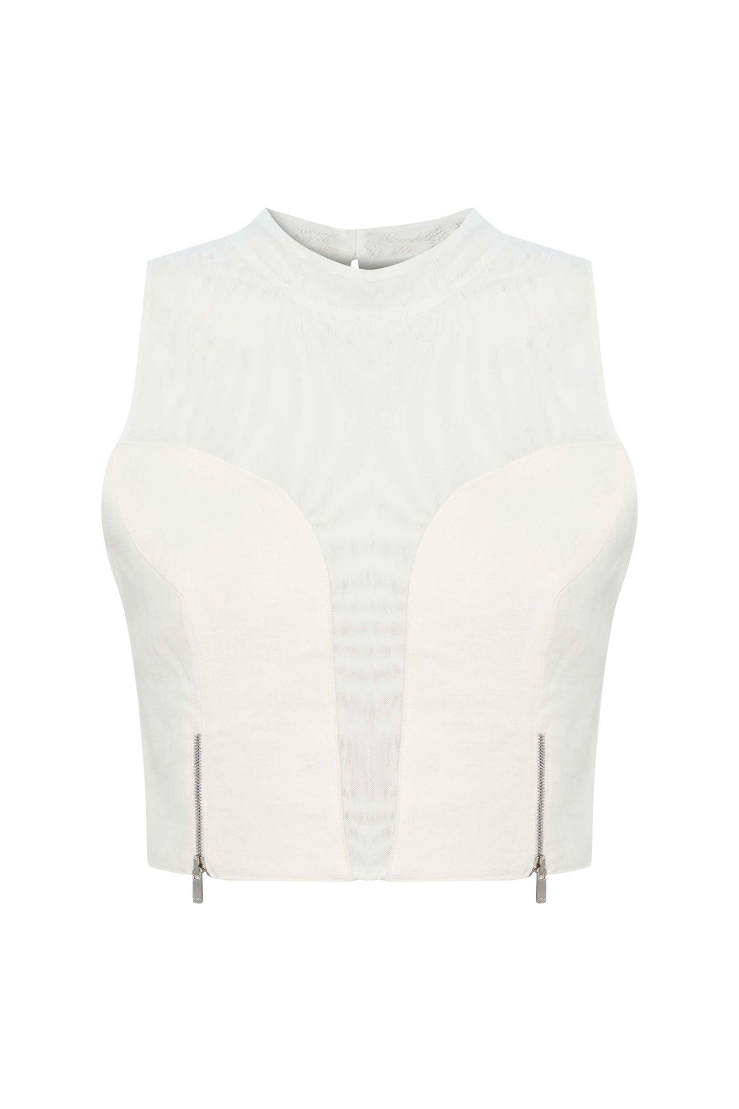 JENDUE Serena Linen Crop Top — White, Sheer